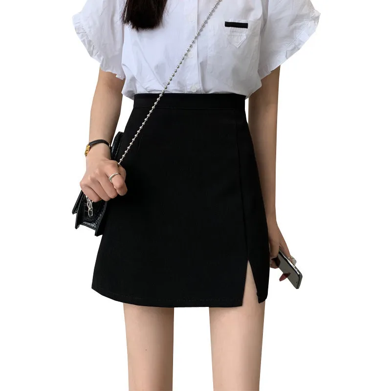 Summer Women High Waist Black Splitted Skirt Trendy Western Slim Look Hip Flattering A-Line Skirt