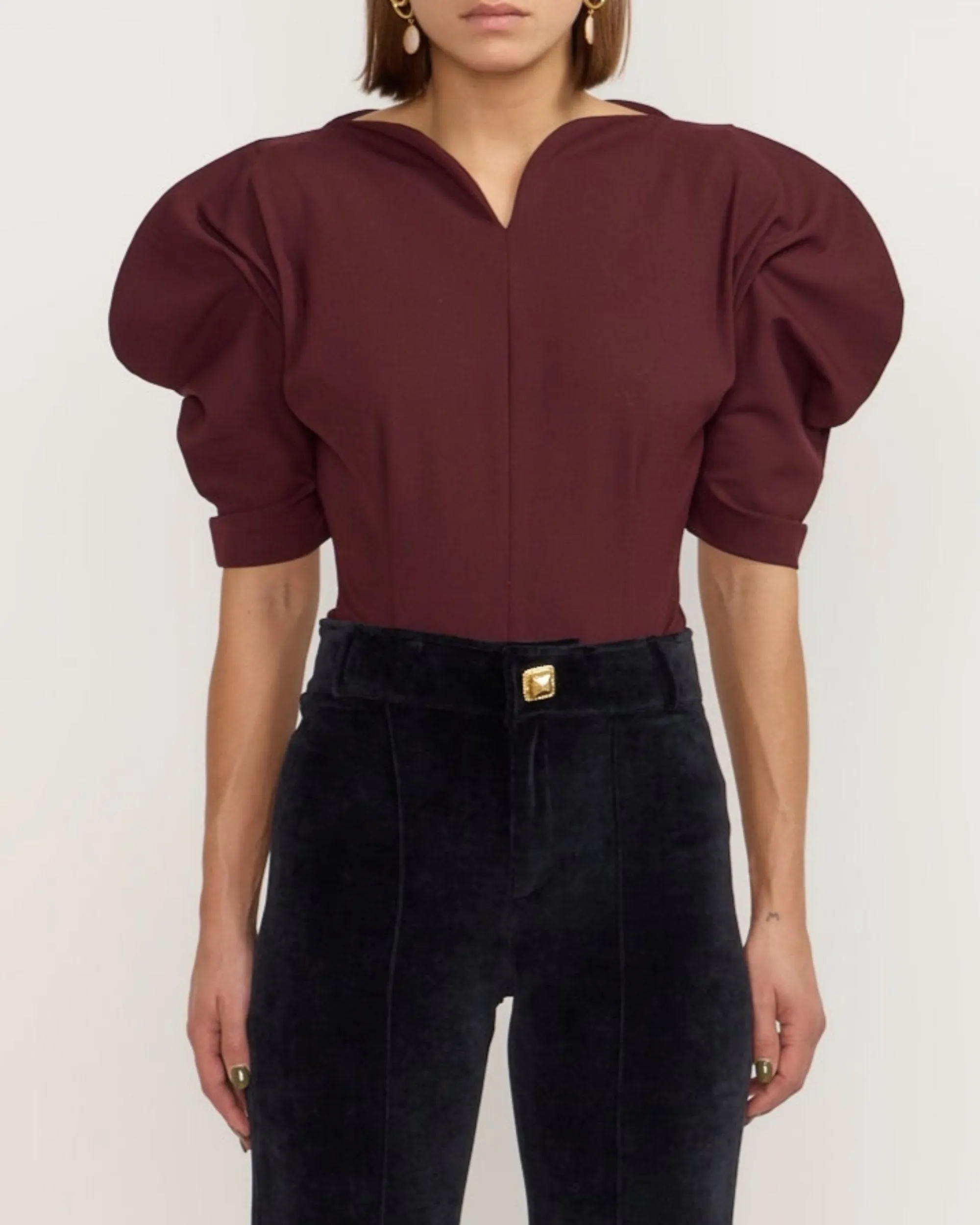 Tailor Burgundy Top with Puff Sleeves