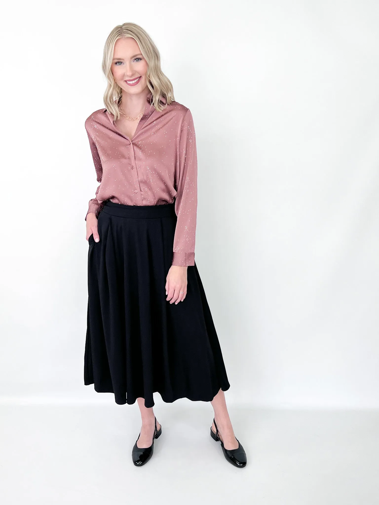 Terri - Pleated Side Pocket Midi Skirt (Black)