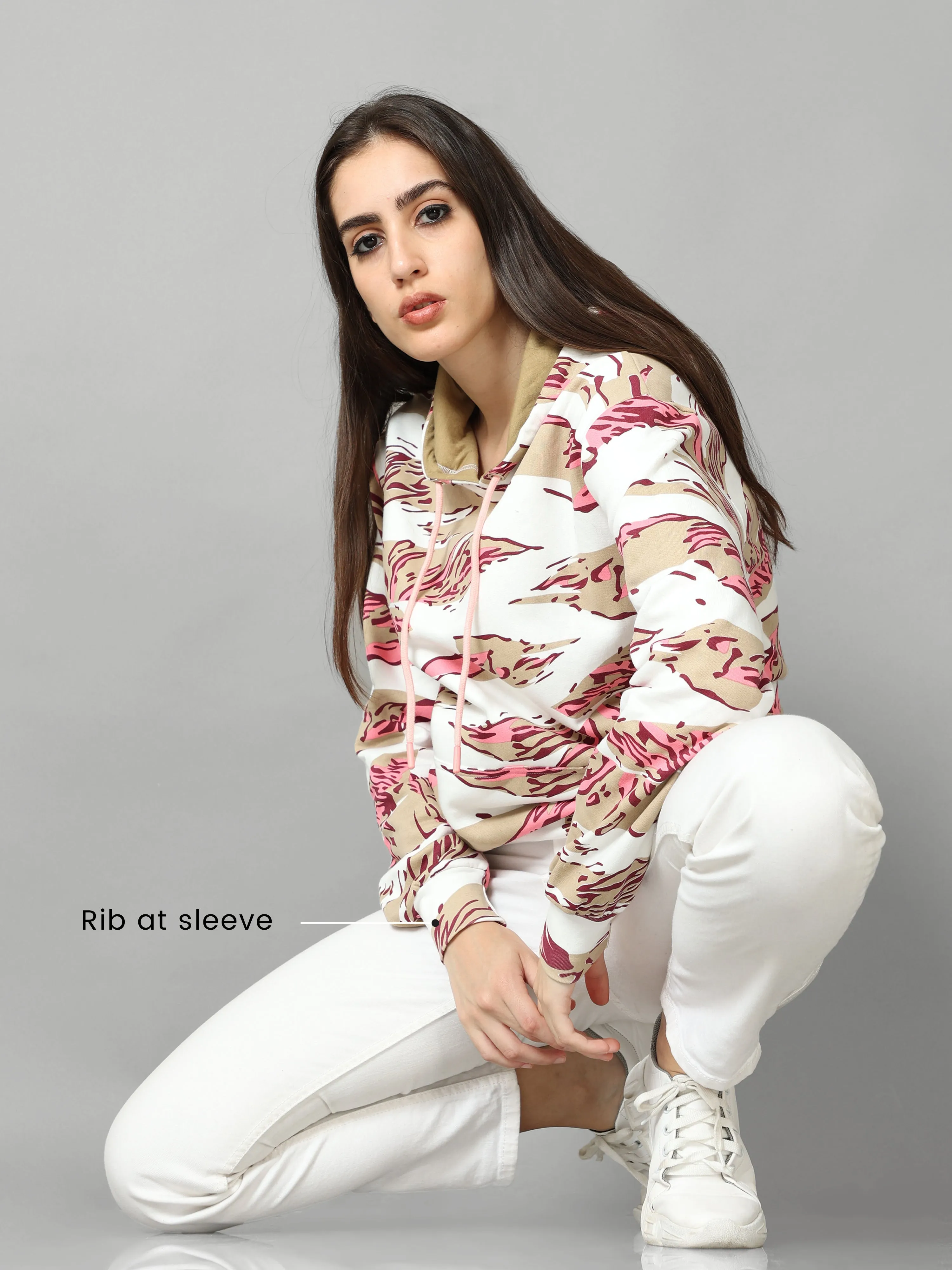 The Greenage Olive Printed Pink Hoodie for Women