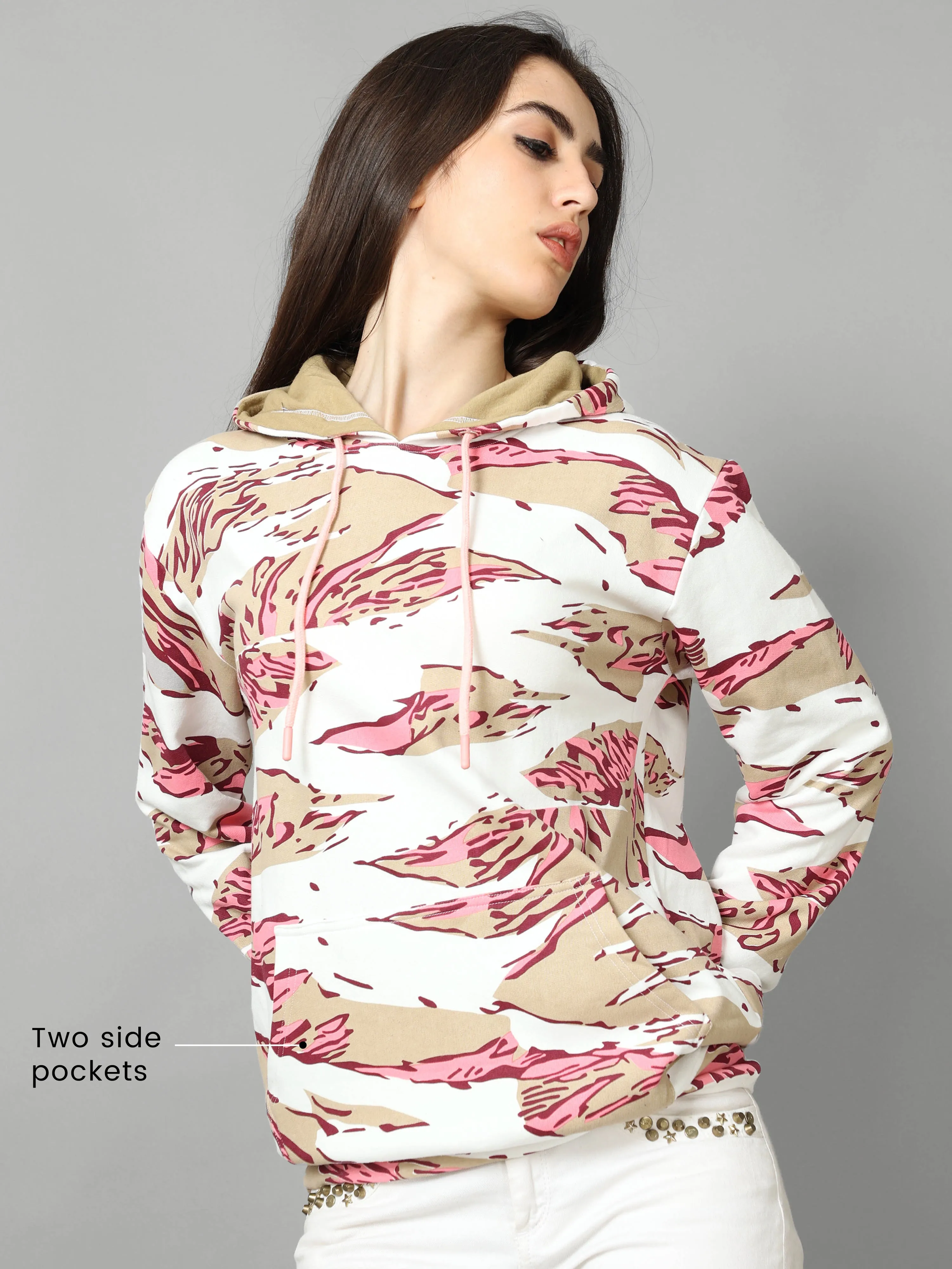 The Greenage Olive Printed Pink Hoodie for Women