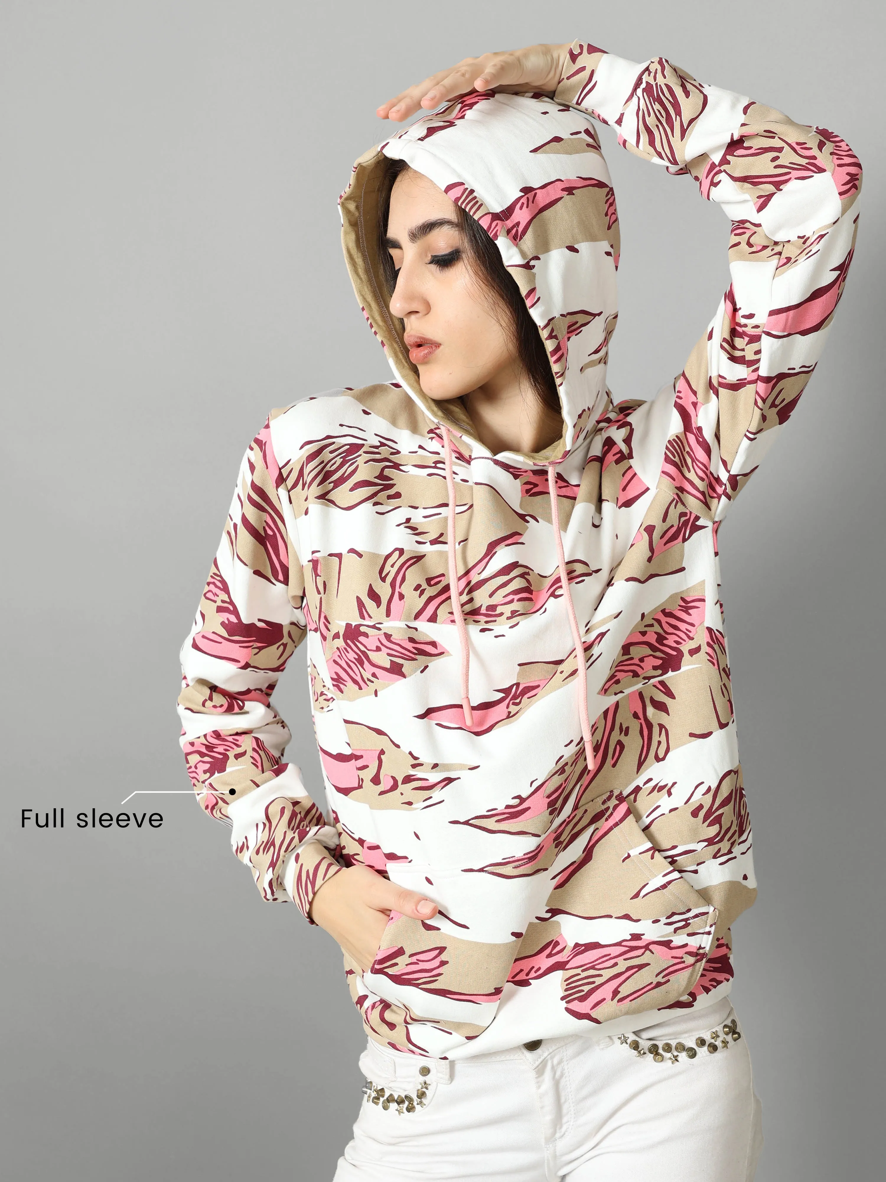 The Greenage Olive Printed Pink Hoodie for Women