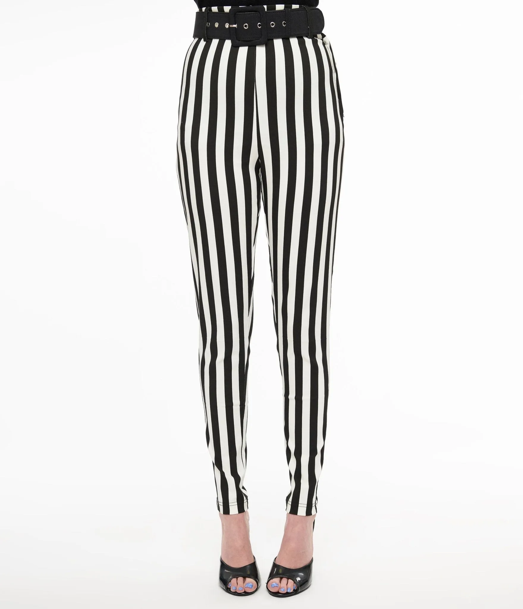 Unique Vintage Black & White Stripe Belted Rizzo Cigarette Pants