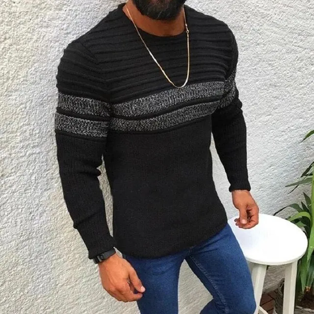 Wiaofellas Winter Long Sleeve Striped Jumper Top Fashion Streetwear O-neck Sweaters Fall Vintage Patchwork Knitted Pullovers Men Clothing