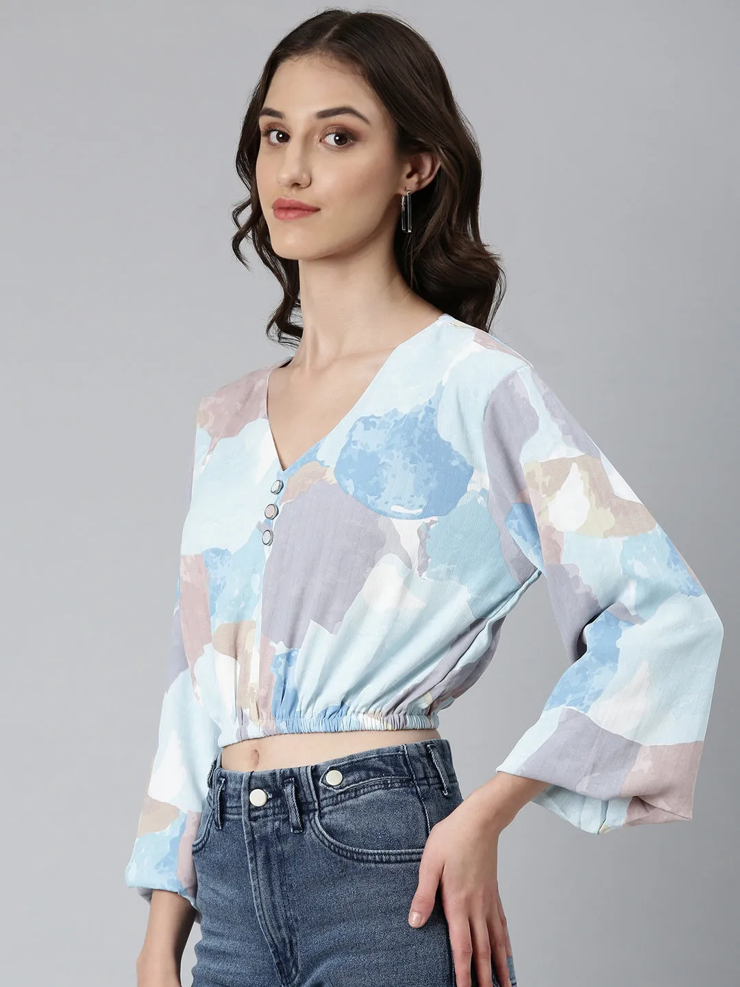 Women Blue Printed Blouson Crop Top