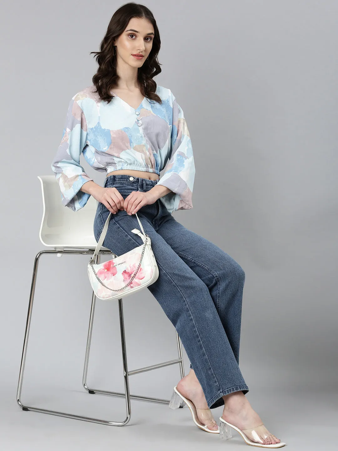 Women Blue Printed Blouson Crop Top