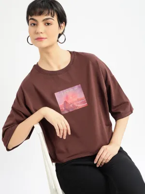 Women Graphic Brown Boxy Crop T shirt