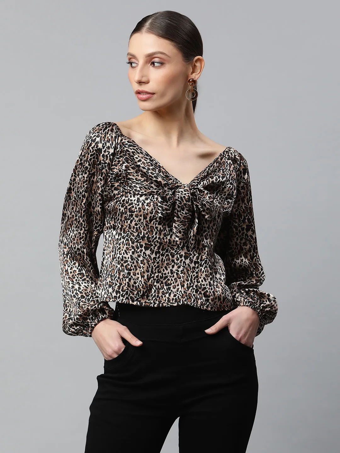 Women Leopard Printed Bishop Sleeves Brown Party Blouson Top