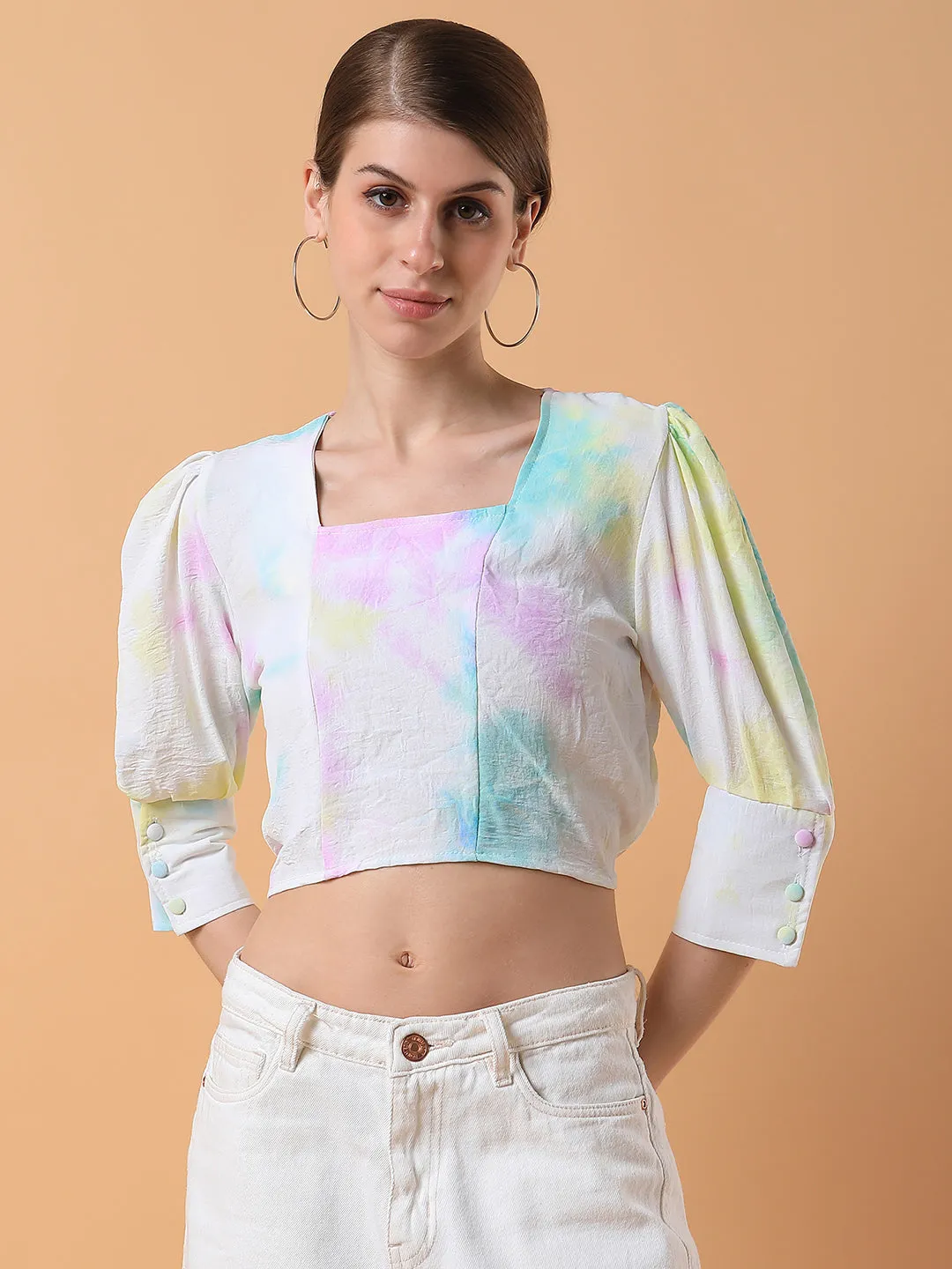 Women Tie and Dye Multi Blouson Crop Top