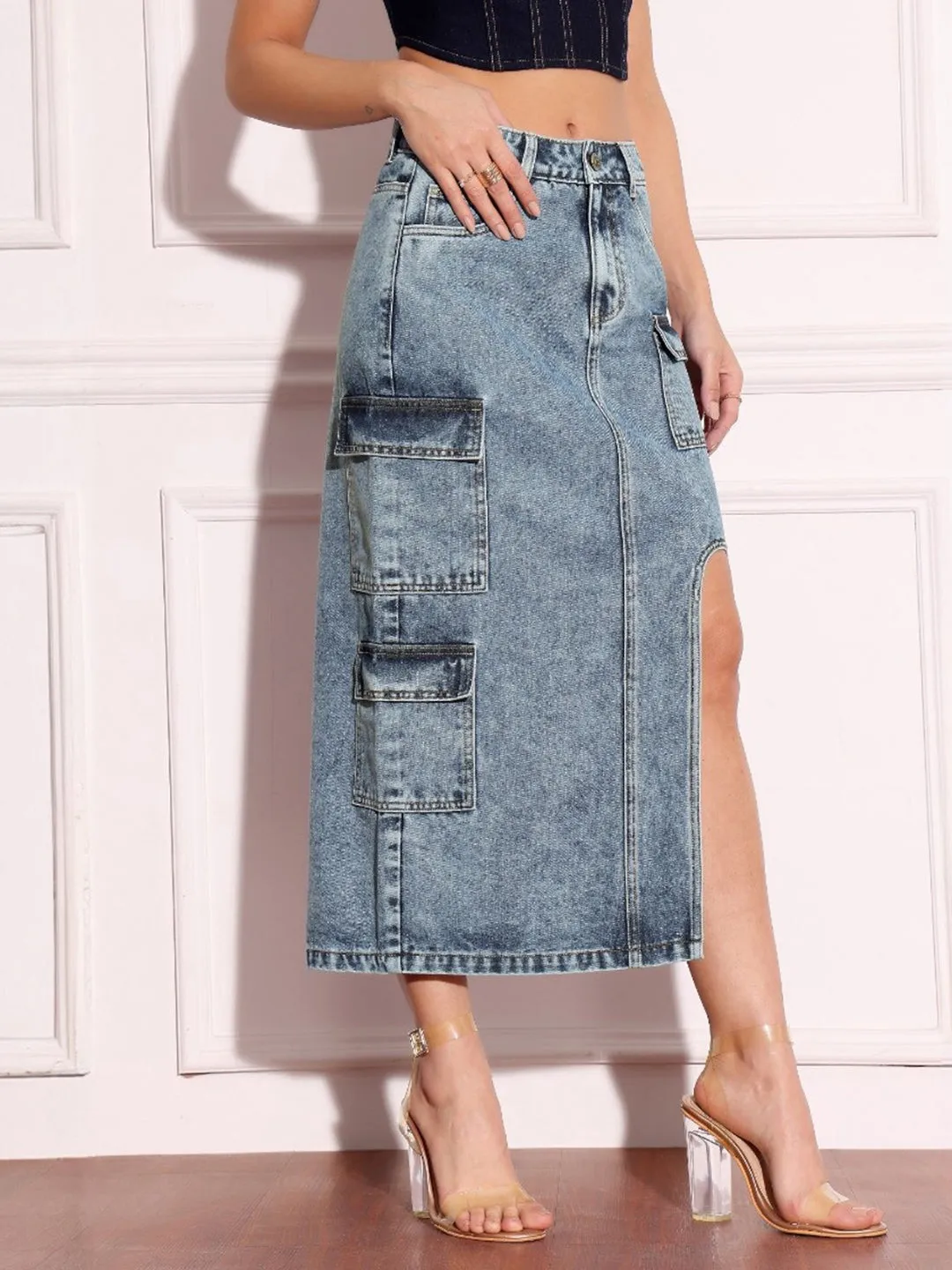 Women's Blue Straight-Fit High-Rise Non-stretchable Denim Midi Skirt