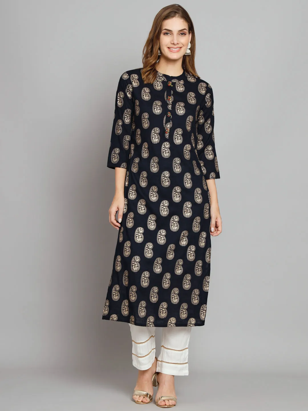 Women's Navy Blue Rayon Slub Straight  Kurta Palazzo Set