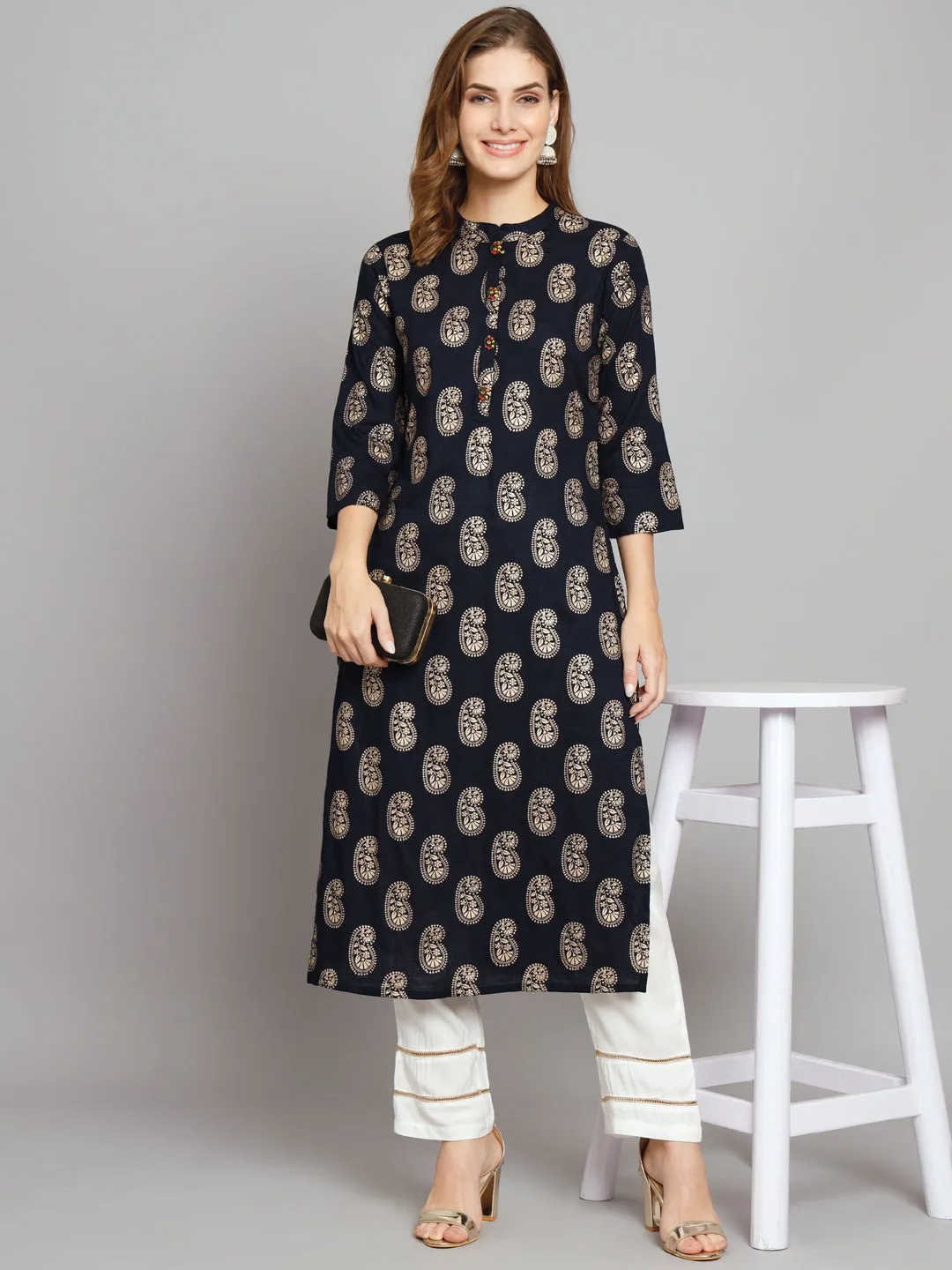 Women's Navy Blue Rayon Slub Straight  Kurta Palazzo Set