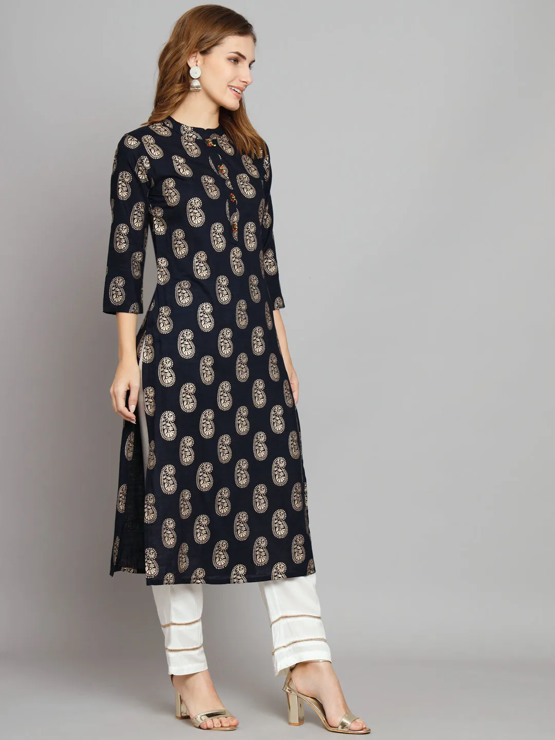 Women's Navy Blue Rayon Slub Straight  Kurta Palazzo Set