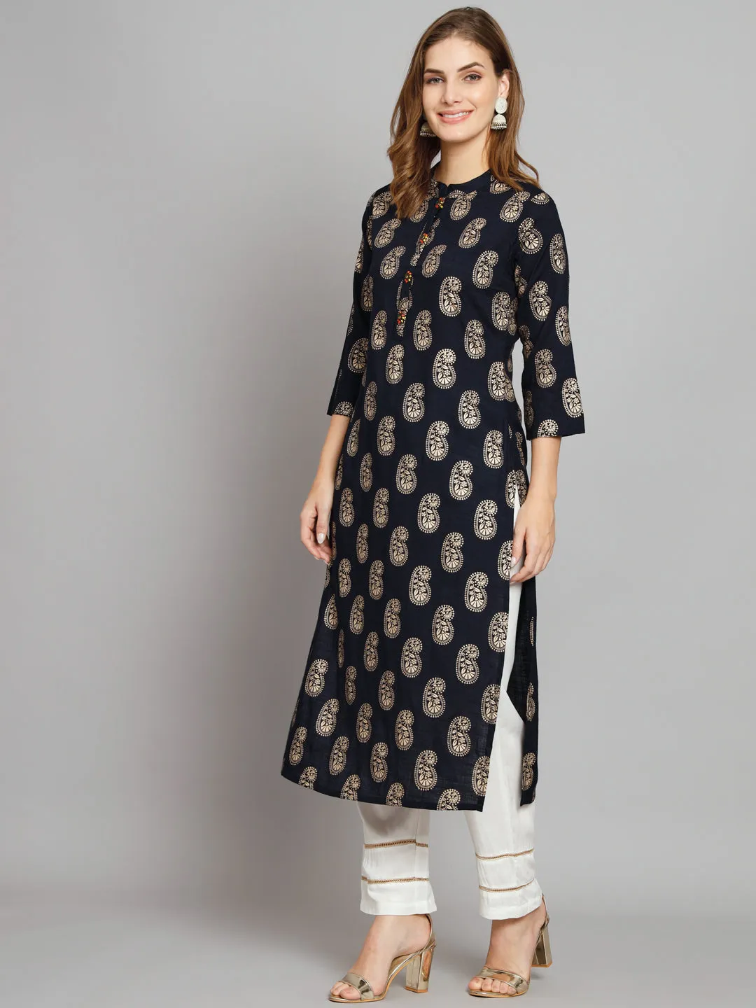 Women's Navy Blue Rayon Slub Straight  Kurta Palazzo Set